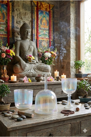 Cuenco cantador de cristal grabado Buda | Cristal Vibrasons