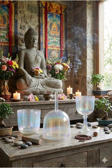 Engraved crystal singing bowl Buddha | Cristal Vibrasons